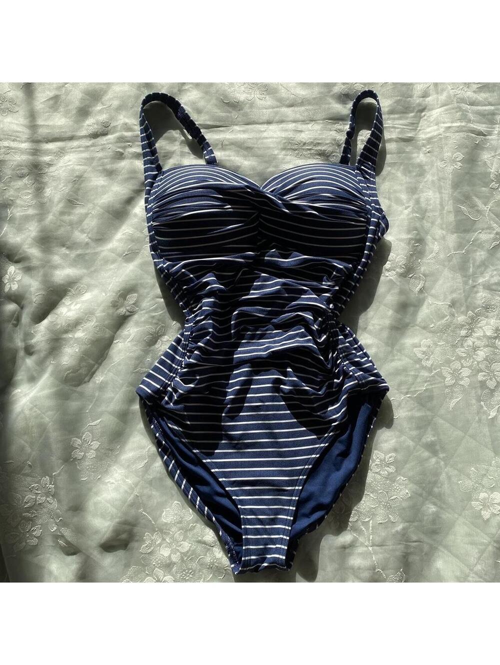 Striped blue and white one piece swimsuit